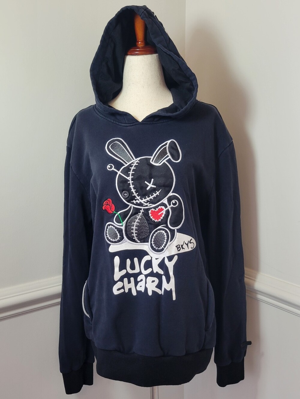 BKYS Lucky Charm Bunny Embroidered Hoodie Mens M Black Streetwear
